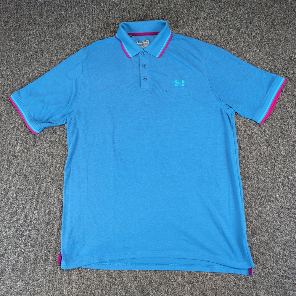 Under Armour Modern Golf Polo Shirt Mens Medium Blue Pink HeatGear Loose Fit — photo 2